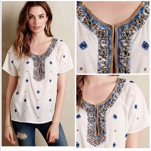Anthropologie Maeve embellished embroidered top XS jeweled boho gauzy white - Picture 1 of 8